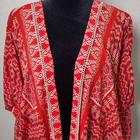 Angie women's boho hippie red orange artisticity midi kimono open cardigan L - Picture 4 of 10